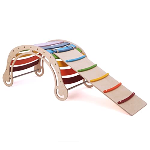 KateHaa Dondolo Waldorf XXL in legno con parete di arrampicata nei colori dell'arcobaleno | Scaffale di...