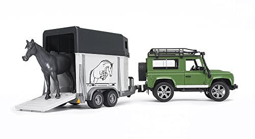 Bruder 02592 - Land Rover Defender - Veicolo con rimorchio cavalli, incluso 1 cavallo, scala 1:16, verde/...