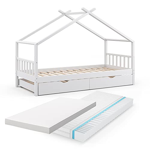VitaliSpa Letto montessori bambini Design, Bianco, 90x200 cm con letto per ospiti e 2 materassi