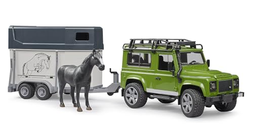 bruder 02592 - Land Rover Defender con rimorchio per cavalli, 1 cavallo, veicolo fuoristrada, jeep,...