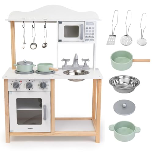 Mamabrum - Cucina per bambini in legno con forno a microonde e accessori, cucina giocattolo interattiva...