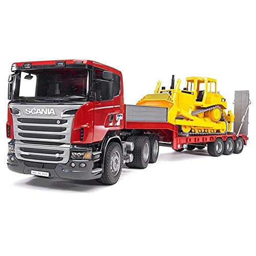 bruder 03555 - Autocarro Scania serie R con caricatore basso e bulldozer Cat, Transporter, Autocarro,...