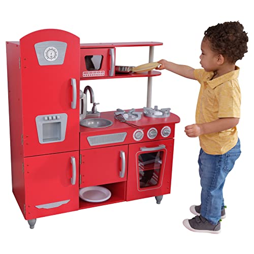 KidKraft Cucina Giocattolo in Legno Vintage Rossa, con telefono giocattolo e frigorifero vintage, giochi...