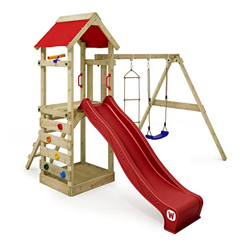 Gioco da giardino WICKEY FreeFlyer con altalena e scivolo rosso, struttura da esterno per bambini con...