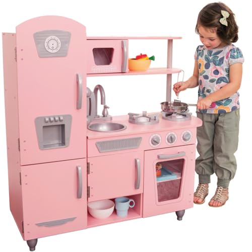 KidKraft Cucina Giocattolo in Legno Vintage Rosa, con telefono giocattolo e frigorifero vintage, giochi...