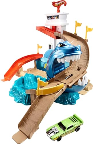 Hot Wheels- Playset Lo Squalo Sta Attaccando, Pista con Macchinina Cambia Colore, Giocattolo per Bambini...