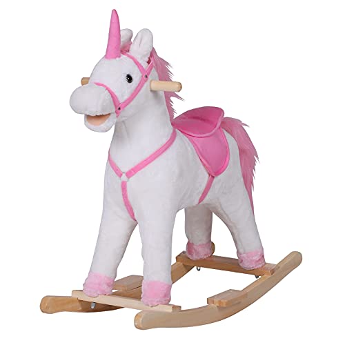 HOMCOM Cavallo a Dondolo in Legno Unicorno Giocattolo Cavalcabile Bambini Peluche 78 × 28 × 68cm Rosa