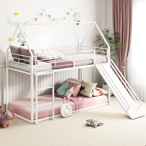 GIANTEX Letto a Castello per Bambini 90 x 200 cm, Letto a soppalco con Scivolo e Scala a 3 gradini,...