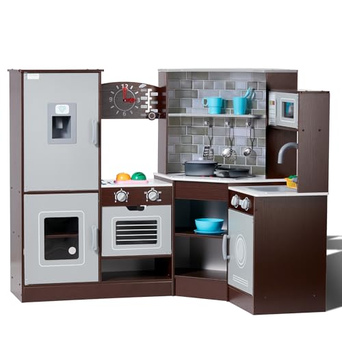 VEVOR Giocattolo Cucina per Bambini, Set Giocattolo da Cucina ad Angolo in Legno con Luci Suoni Macchina...