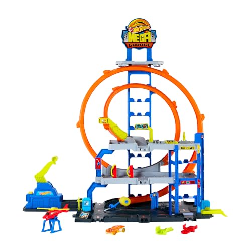 Hot Wheels - Mega Garage, Set Pista con 3 Livelli di Gioco e 2 Loop, macchinina ed Elicottero Inclusi,...