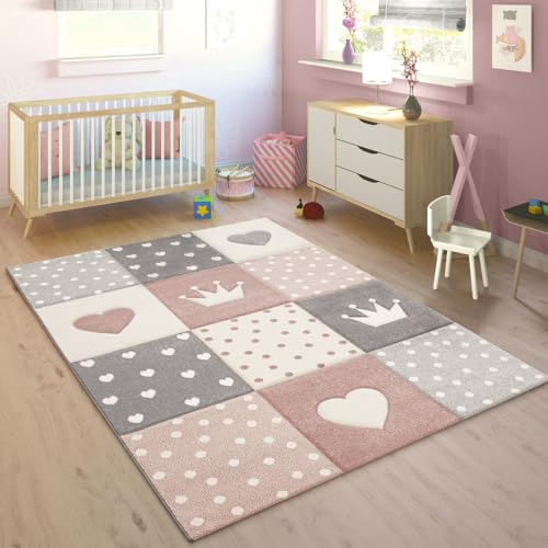Paco Home Tappeto per bambini con motivo a quadretti, a pois, colore: bianco, grigio, rosa, dimensioni:...