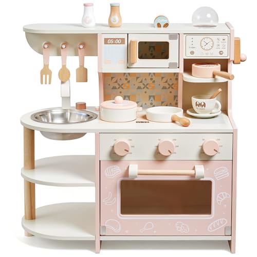 Cucina giocattolo per bambini, giocattoli in legno per bambini, set da gioco con caffettiera, accessori...