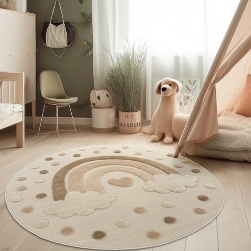 Paco Home Tappeto Bambini Cameretta Bambina Ragezzi Rotondo Tappeto Morbido Peloso Motivo Arcobaleno 3D...