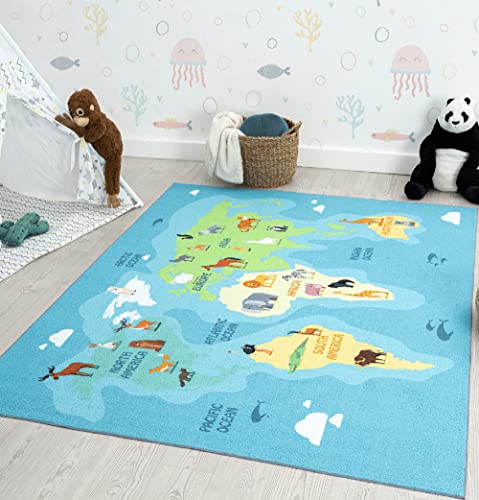 the carpet Happy Life - Tappeto da gioco per cameretta dei bambini, motivo: mappa, terra, animali, blu,...