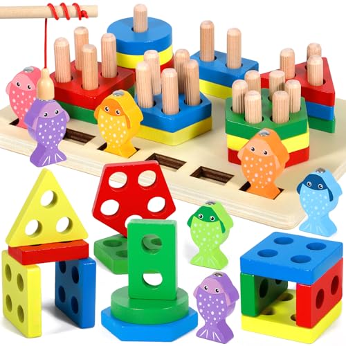 GUHAOOL Giocattoli per Bambini Montessori, 2 in 1 Forme Geometriche Ordinamento e Impilamento Block Board...