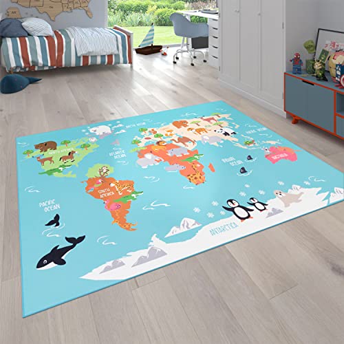 Tappeto per Bambini, Tappeto da Gioco per Le camere dei Bambini, Mappa del Mondo con Animali, in Verde,...