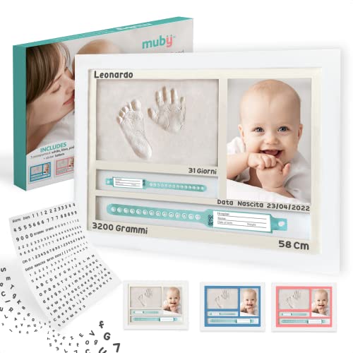 Cornice impronta mani e piedi neonati con porta bracciali di nascita. Kit, 3 Passepartout inclusi e...