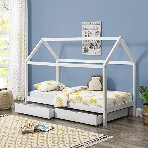 [en.casa] Letto per Bambino a Forma di Casetta con 2 Cassetti Bianco Opaco Struttura in Legno 90 x 200 cm