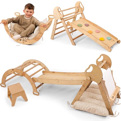Montessori 5 in 1 Set di strutture per arrampicata per interni, arco da arrampicata con cuscino, scivolo...