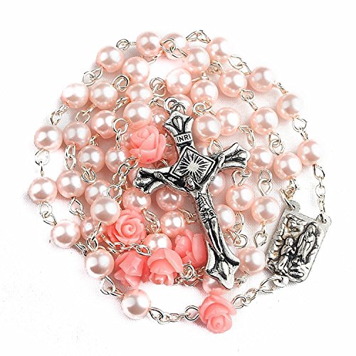 Nazareth Store Collana con rosario cattolico con perle rosa I nostri fiori di rosa, medaglia di Lourdes e...