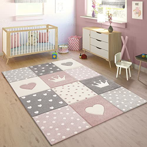 Tappeto per Bambini Colori Pastello Quadri Punti Cuori Corona Bianco Grigio Rosa, Dimensione:80x150 cm