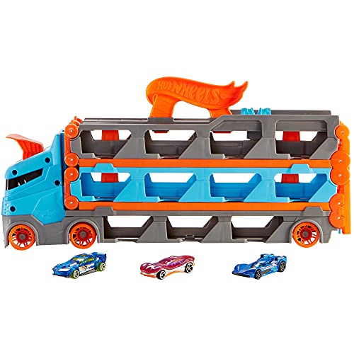 Hot Wheels - Camion Trasportatore 2 in 1, Trasportatore e Pista con 3 Auto in Scala 1:64 per Bambini da 4...