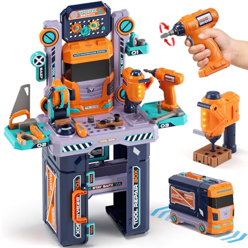 Lehoo Castle Banco di Lavoro Bambini 83 cm Taglia Grande, Camion Trasformatore con Trapano Elettrico Luci...