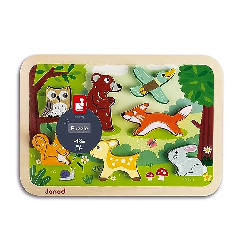 Janod - Chunky Puzzle - Puzzle Spesso Degli 7 Pezzi “Animali della foresta”, in Legno - Motricità...