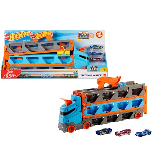 Hot Wheels - Camion Trasportatore 2 in 1, Trasportatore e Pista con 3 Auto in Scala 1:64 per Bambini da 4...