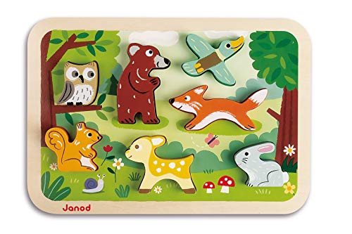Janod - Chunky Puzzle - Puzzle Spesso Degli 7 Pezzi “Animali della foresta”, in Legno - Motricità...