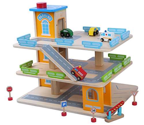 Leomark garage in legno per bambini 44cm x 36cm x 40cm (LxPxA), multipiano parcheggio con ascensore e...