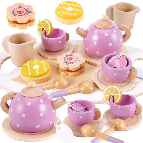 AOLEVA Set da Tè Giocattoli in Legno, Set Cucina Legno Bambini Accessori Cucina Giocattolo Servizio da...