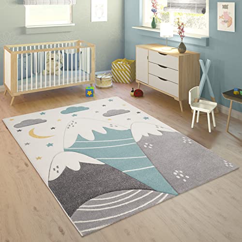 Paco Home Tappeto per cameretta dei bambini, colore blu pastello, grigio, montagna, luna, stelle,...