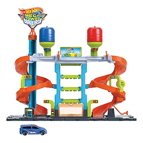 Hot Wheels - Hot Wheels City Mega Torre Autolavaggio, 1 macchinina Color Shifters, pratici Serbatoi per...