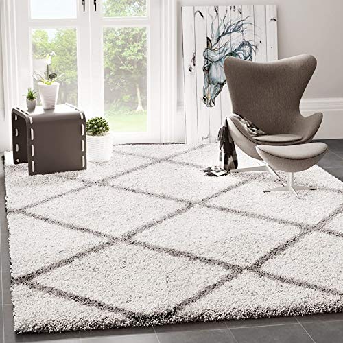 VIMODA Shaggy Tappeto Rombo Design Crema Grigio Moderno - Bianco, 120x170 cm