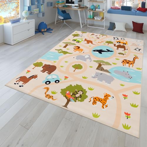 TT Home Tappeto Stanza Bambini Auto Bambini Motivo Con Animale Antiscivolo, Colore:Verde Giallo Crema,...