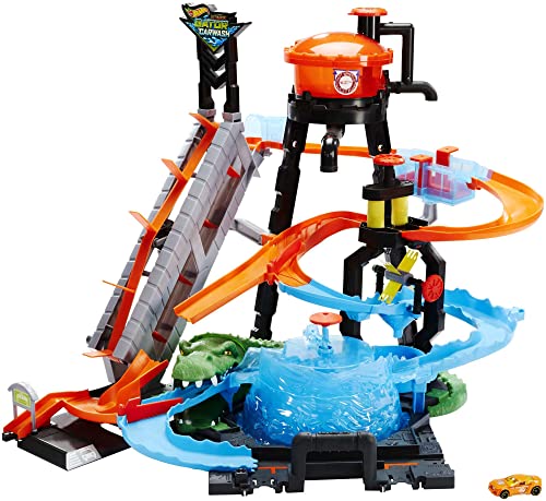 Hot Wheels Mega Autolavaggio Playset per Macchinine con Pista Selvaggia e Coccodrillo, Torre dell'Acqua,...