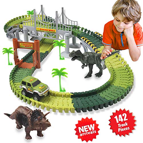 Kit Giocattolo Dinosauro Giurassico Mondiale e 142 Piste Flessibili Contiene 2 Dinosauri,1 Veicolo...