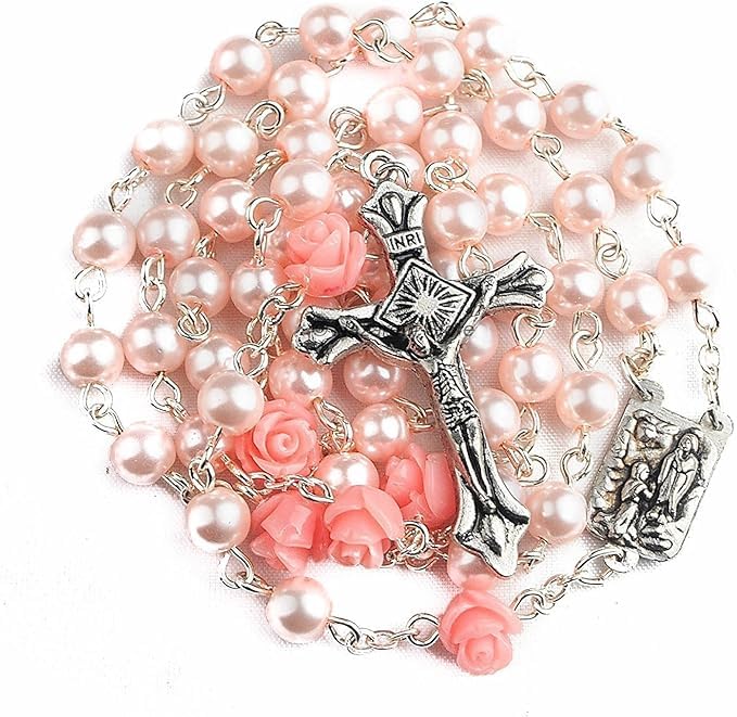 Nazareth Store Collana con rosario cattolico con perle rosa I nostri fiori di rosa, medaglia di Lourdes e...