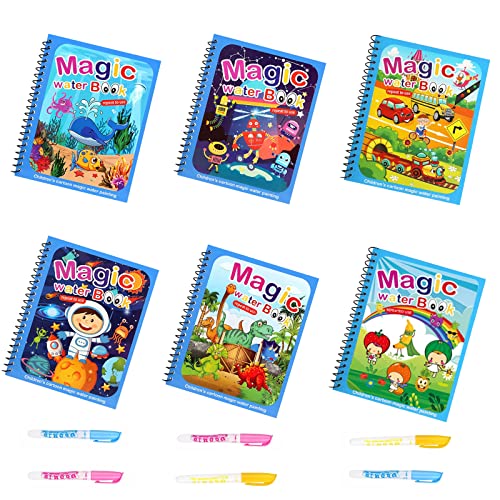 Libro Magico ad Acqua da Colorare 6 Pezzi, Water Book da Disegno, Riutilizzabili con Penna ad Acqua...