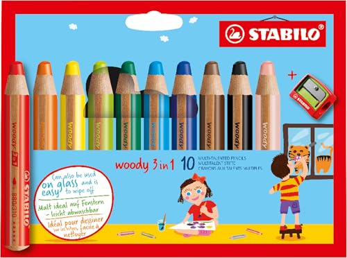 STABILO woody 3 in 1 - Matita colorata Multi-Funzione - Astuccio da 10 - con Temperino - Colori assortiti